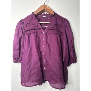 SUNDANCE CATALOG Burgundy Embroidered Eyelet Blouse Women's L Large Ramie